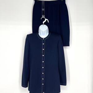 St. John Evening by Marie Gray Navy Knit Rhinestone Jacket and Skirt Set Size 4